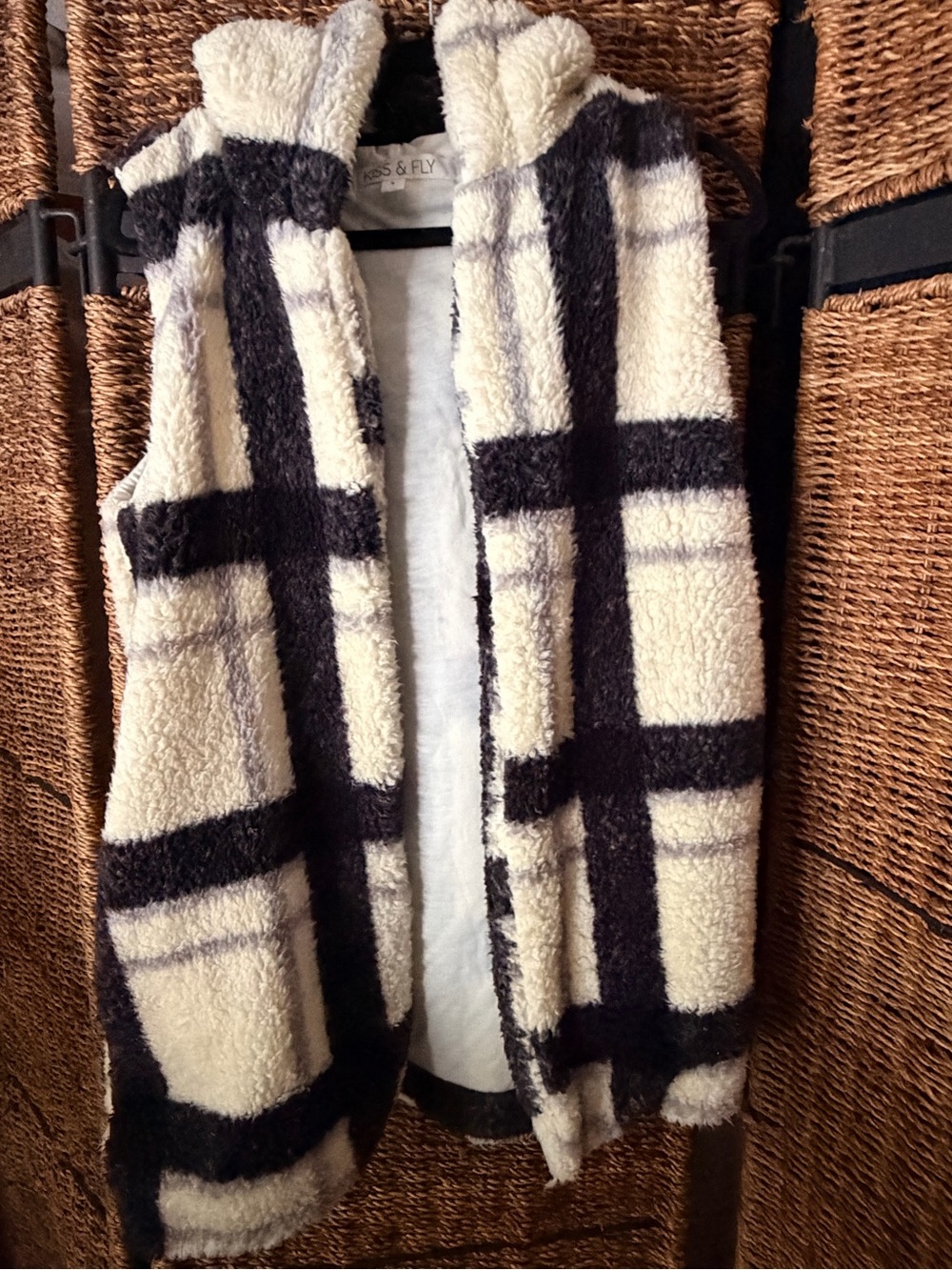 Windowpane Kiss & Fly Faux Fur Vest
- Black, Gray & Cream Plaid